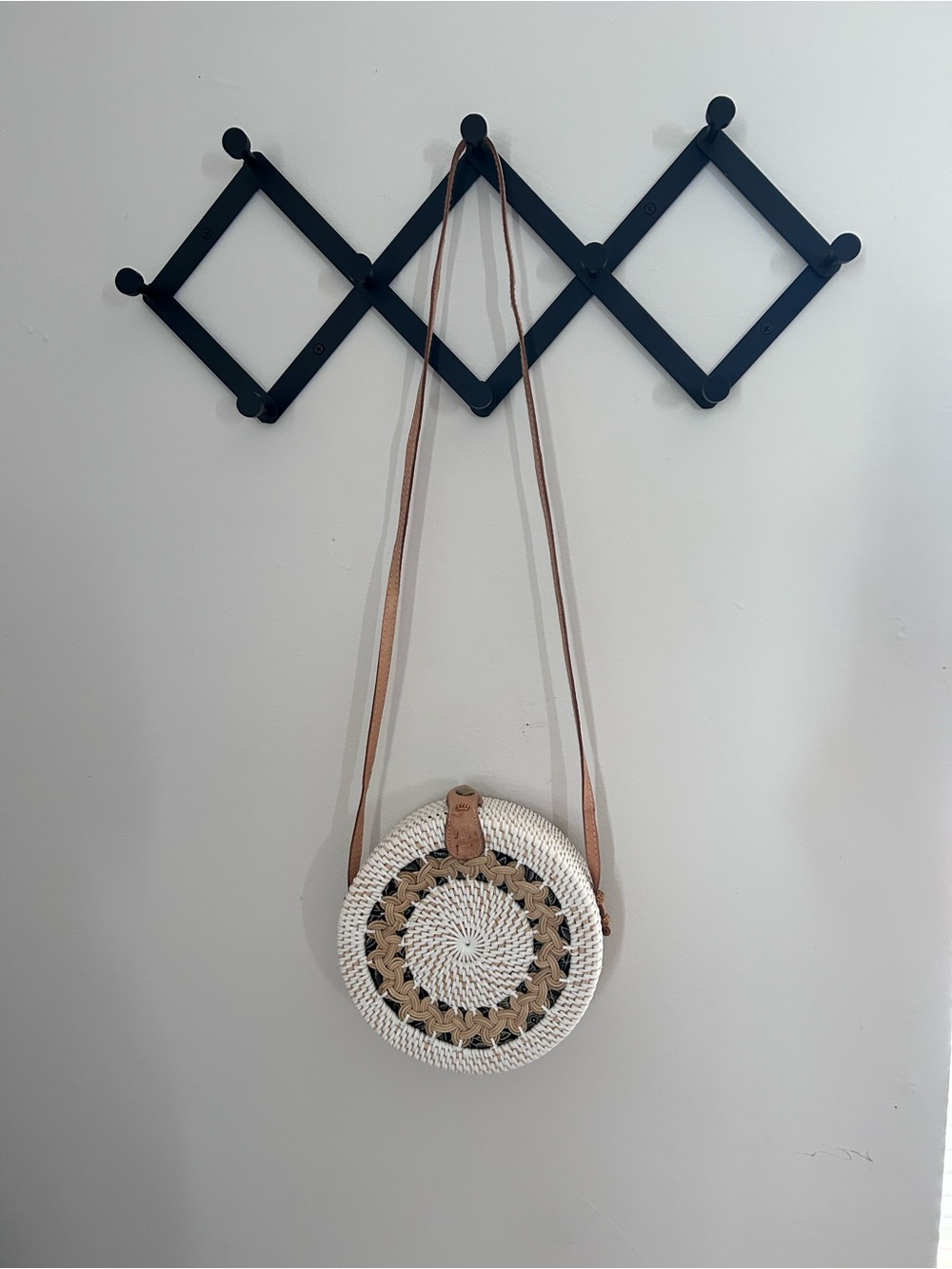 Woven Round Crossbody Bag in White and Tan